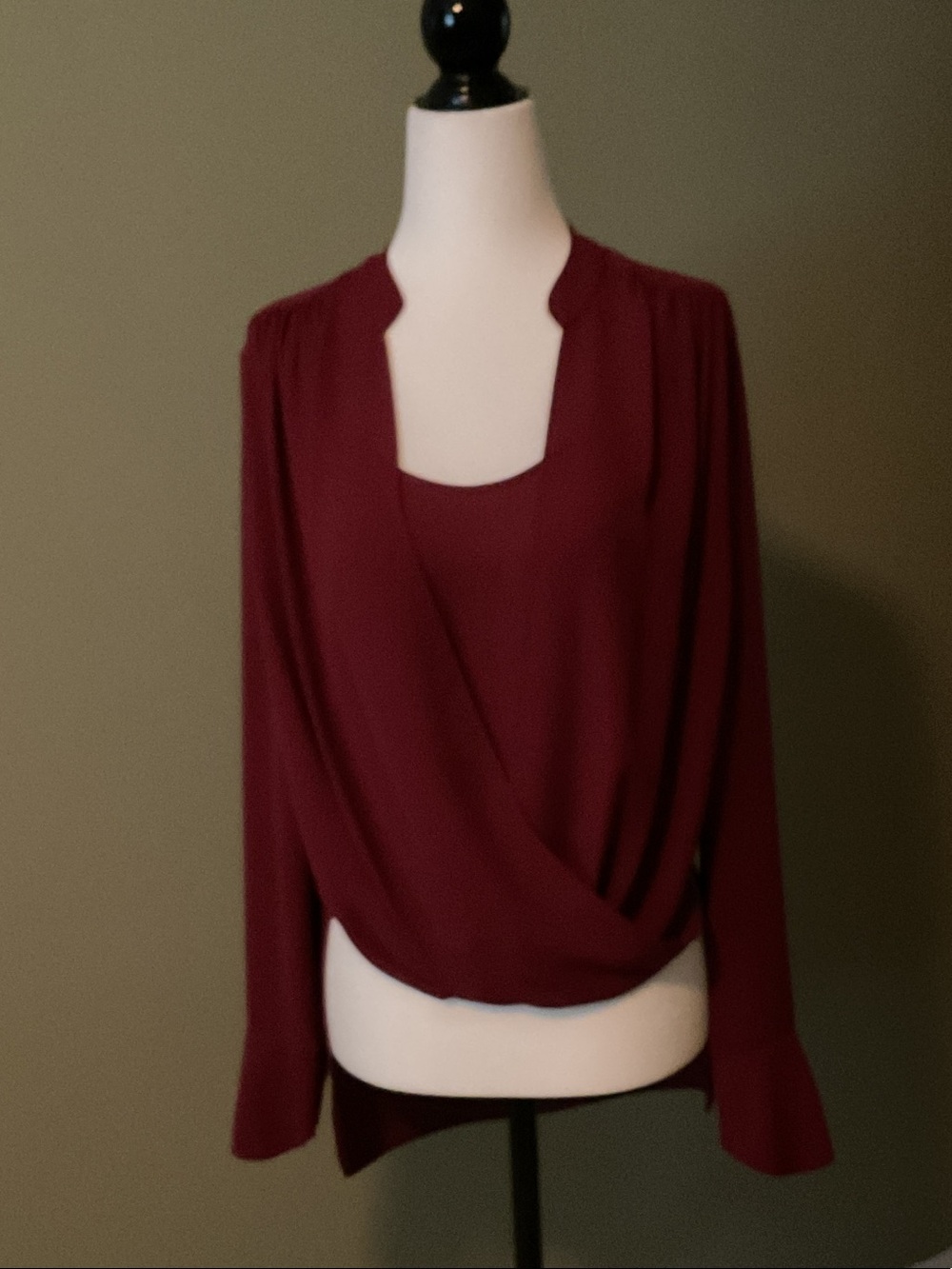 BCBGMAXAZRIA Wrap Front Blouse XS Burgundy Long Sleeve Draped Top